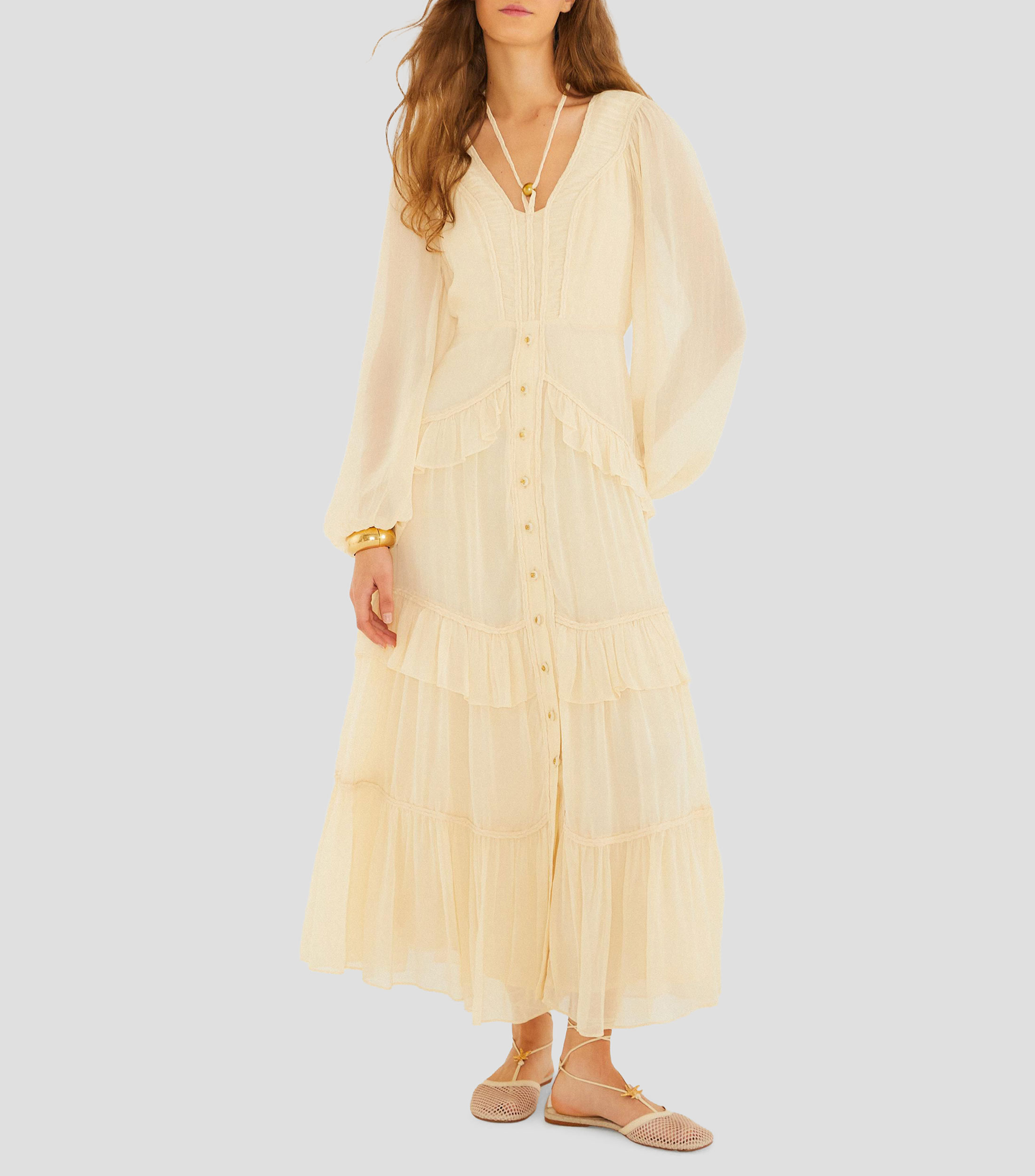 Vestido maxi de manga larga liso Mujer